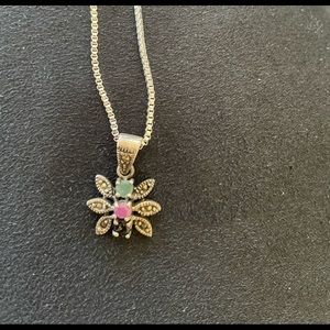 Vtg HandmadeTurkish Sterling Silver Real Ruby, Emerald, Saphire Floral pendant.